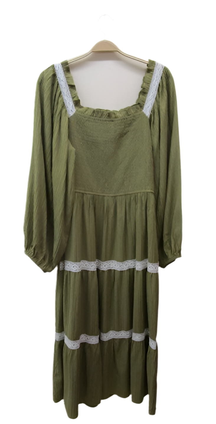 Lydia Lace Trim Smocked Midi Dress Olive
