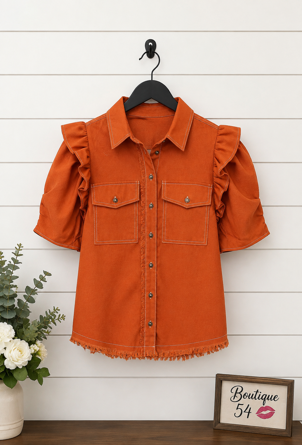 Raylee Ruffled Sleeve Linen Button Up Top Copper