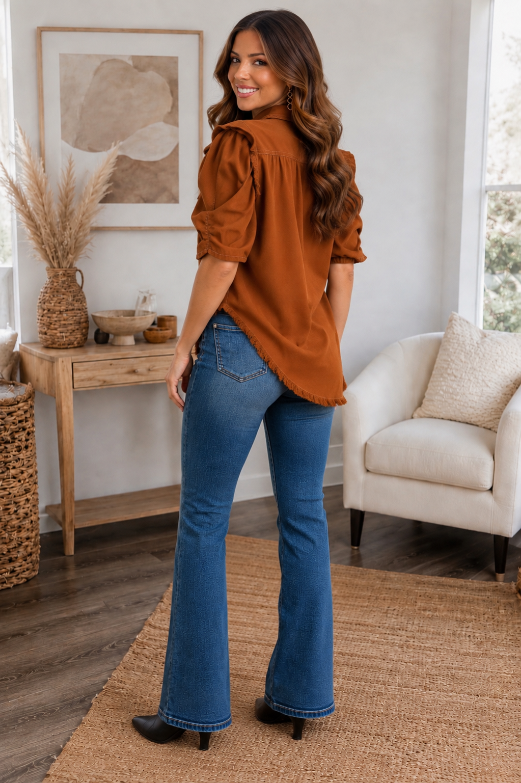 Raylee Ruffled Sleeve Linen Button Up Top Copper