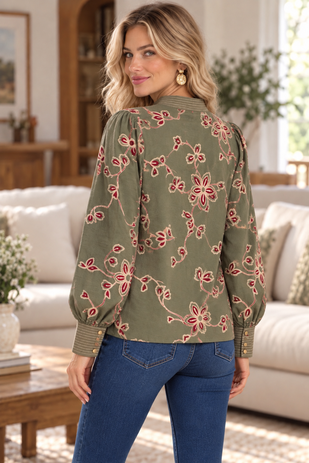 Faith Floral Embroidered Long Puff Sleeve Top Olive