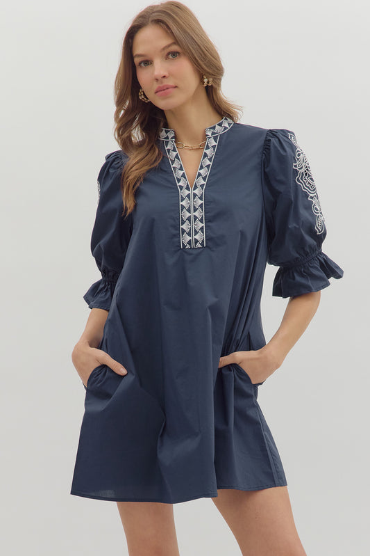 Jessy Embroidered Sleeve Dress Navy