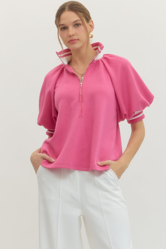 Sally Raglan Short Puff Sleeve Top Pink
