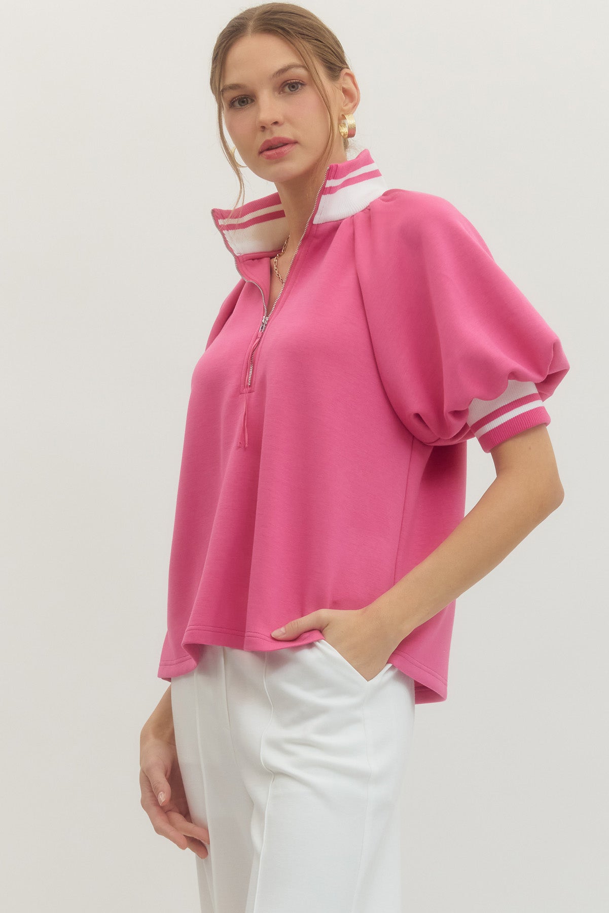 Sally Raglan Short Puff Sleeve Top Pink