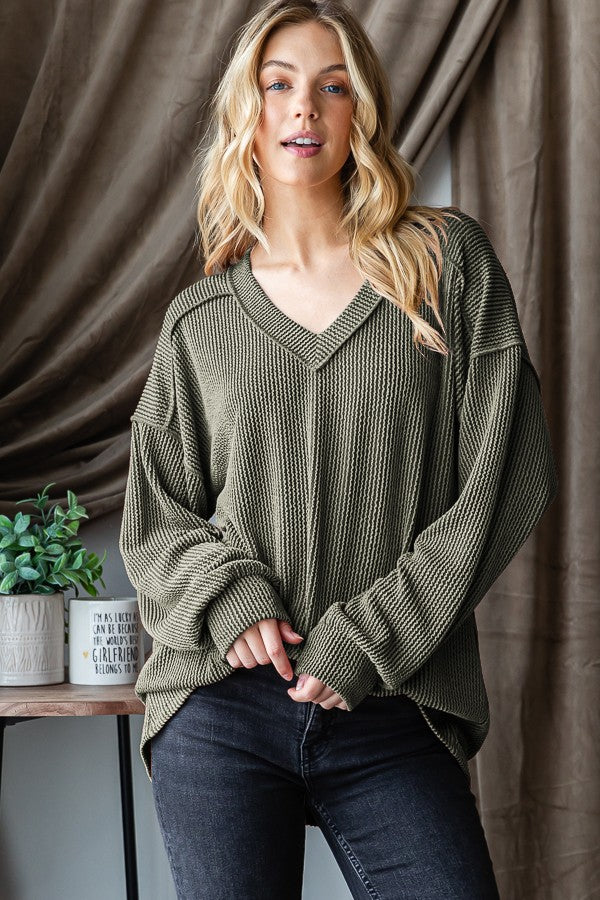 Poppy Urban Ribbed V-Neck Top Olive