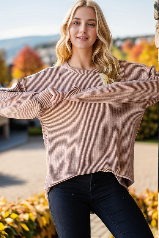 Poppy Urban Ribbed Round Neck Top Taupe