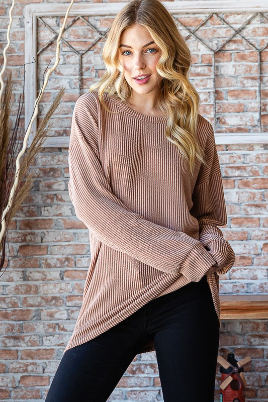 Poppy Urban Ribbed Round Neck Top Taupe