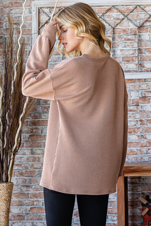 Poppy Urban Ribbed Round Neck Top Taupe