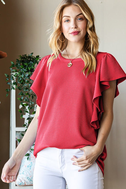 Renee Ruffled & Ribbed Sleeve Top Red