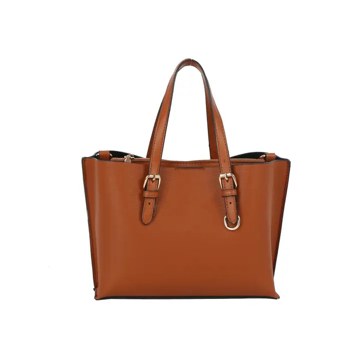 Buckle Strap Structured Satchel Tote Brown