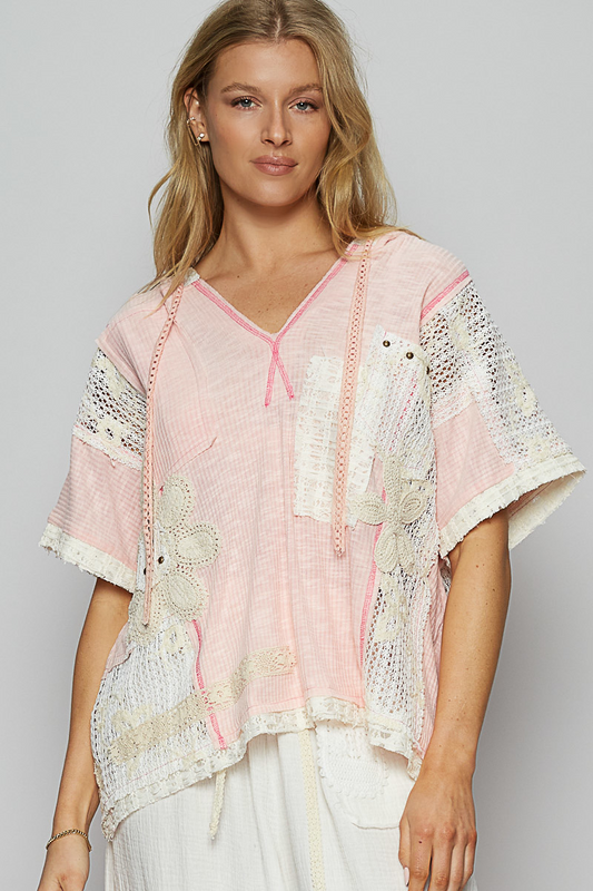 Farrah Floral Lace V-Neck Hoodie Top Blush Pink