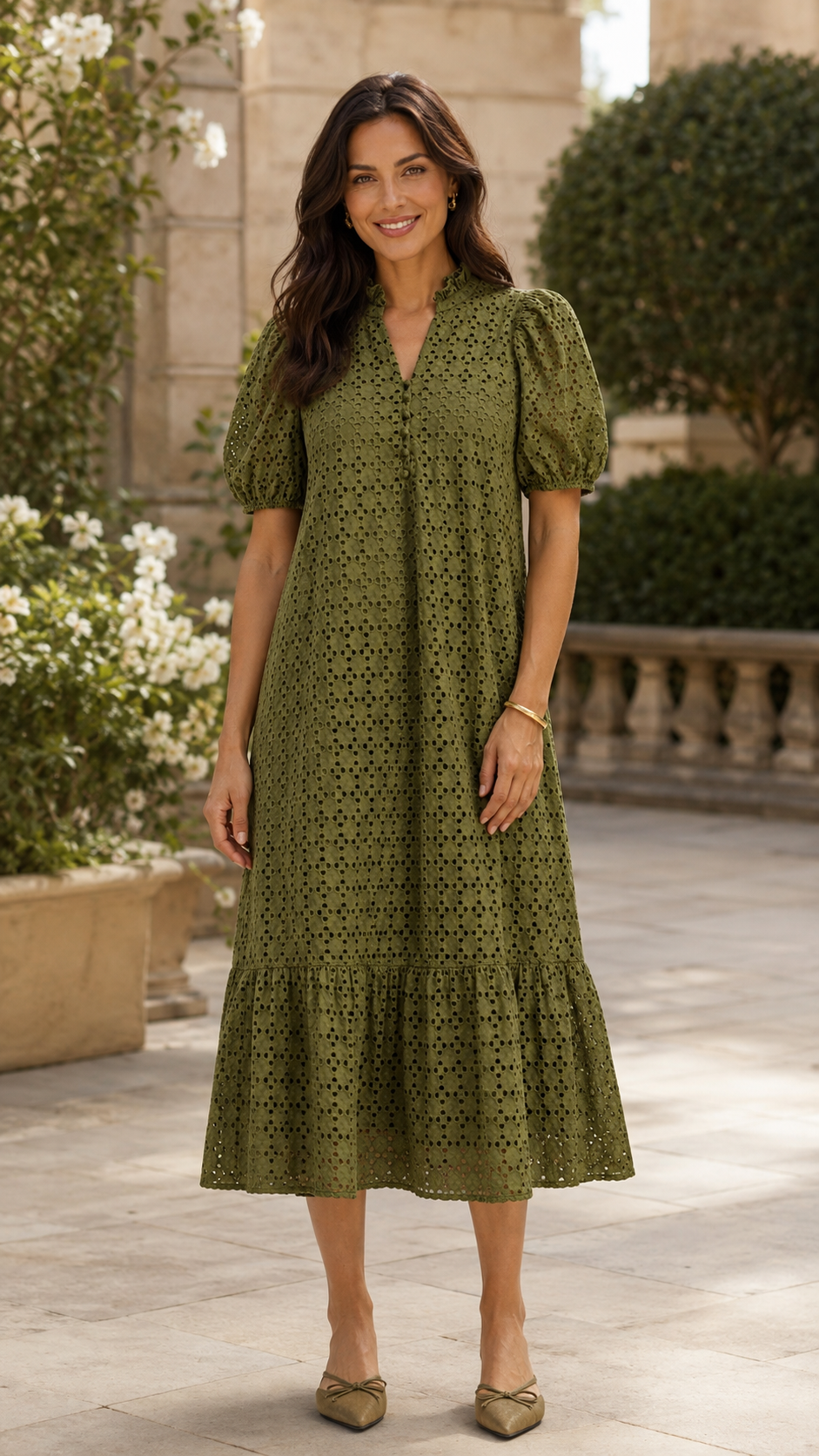 Emily Eyelet Short Puff Sleeve Midi Dress Olive