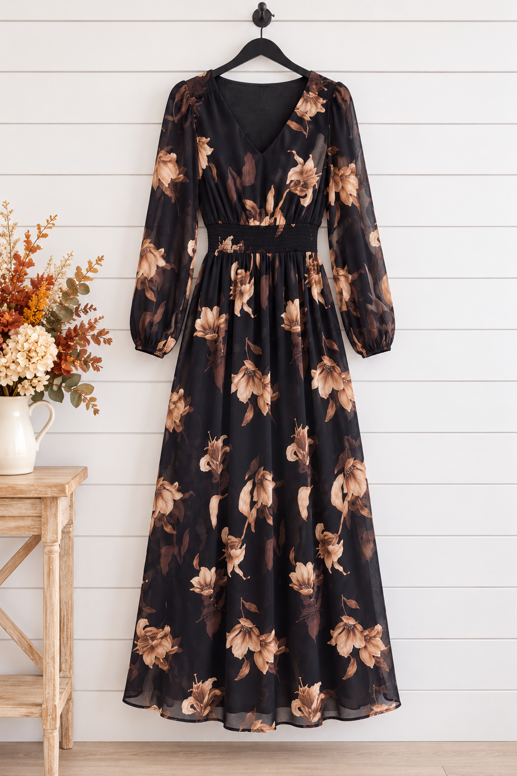 Luella Long Sleeve Floral Maxi Dress Black