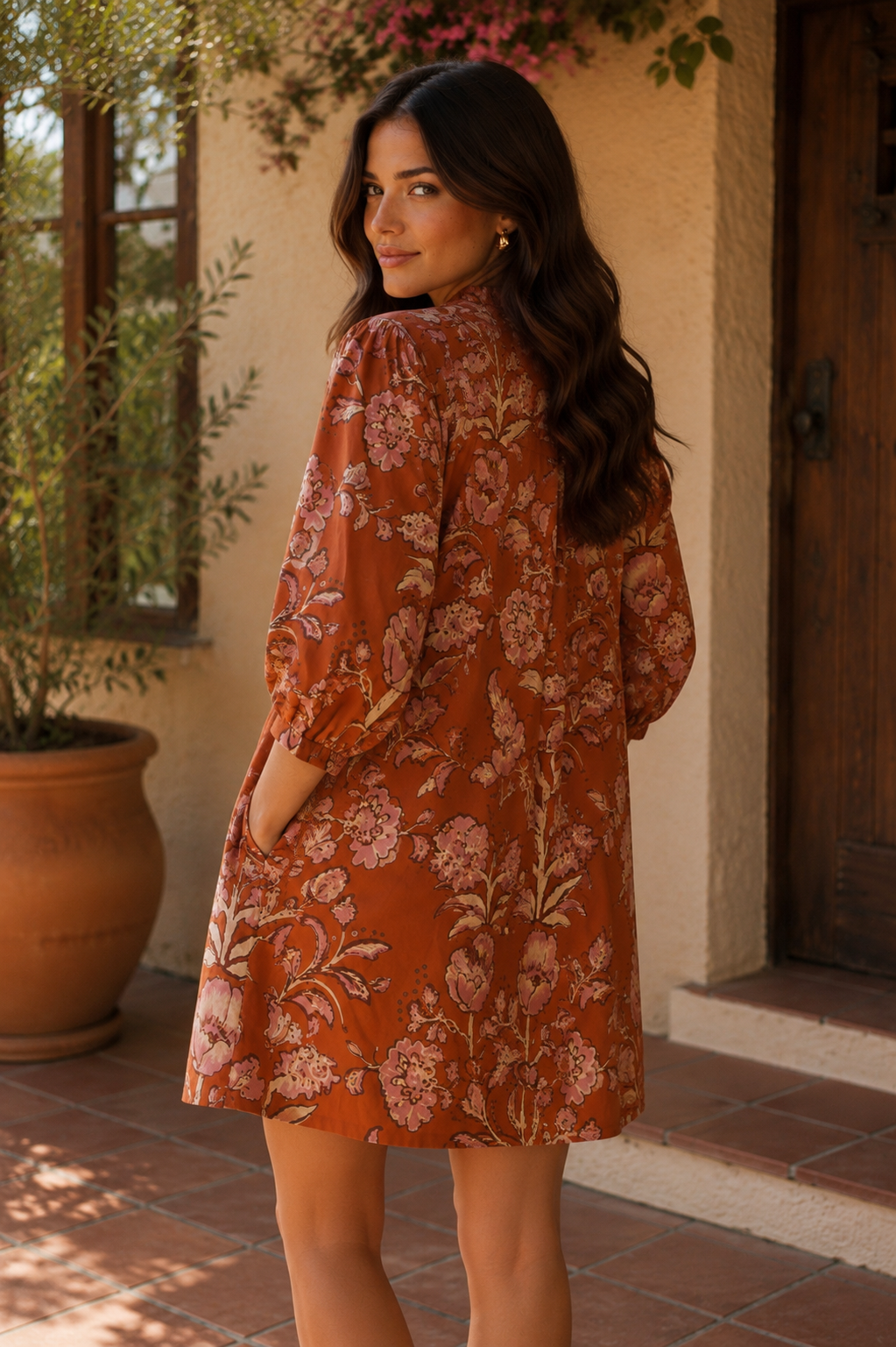 Sally Side Pocket 3/4 Sleeve Floral Dress Rust
