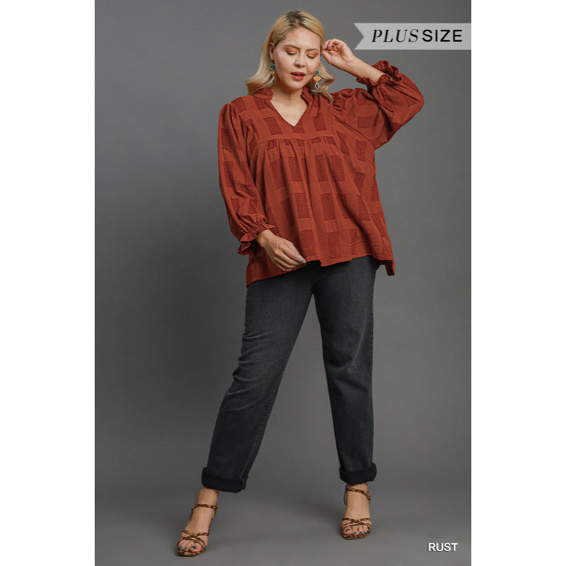 Jasmine Jacquard Ruffle V Neck Top Rust