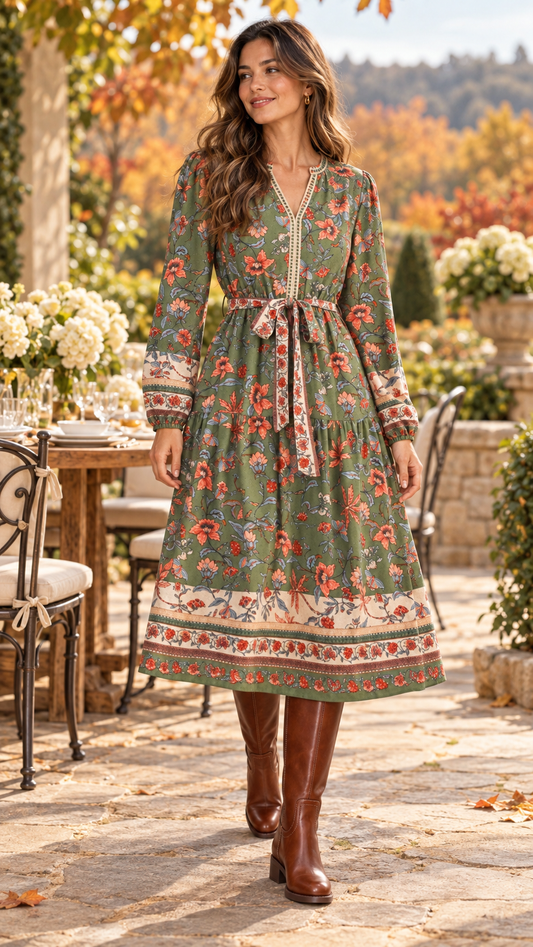 Presley Floral Border Print Belted Midi Dress Sage