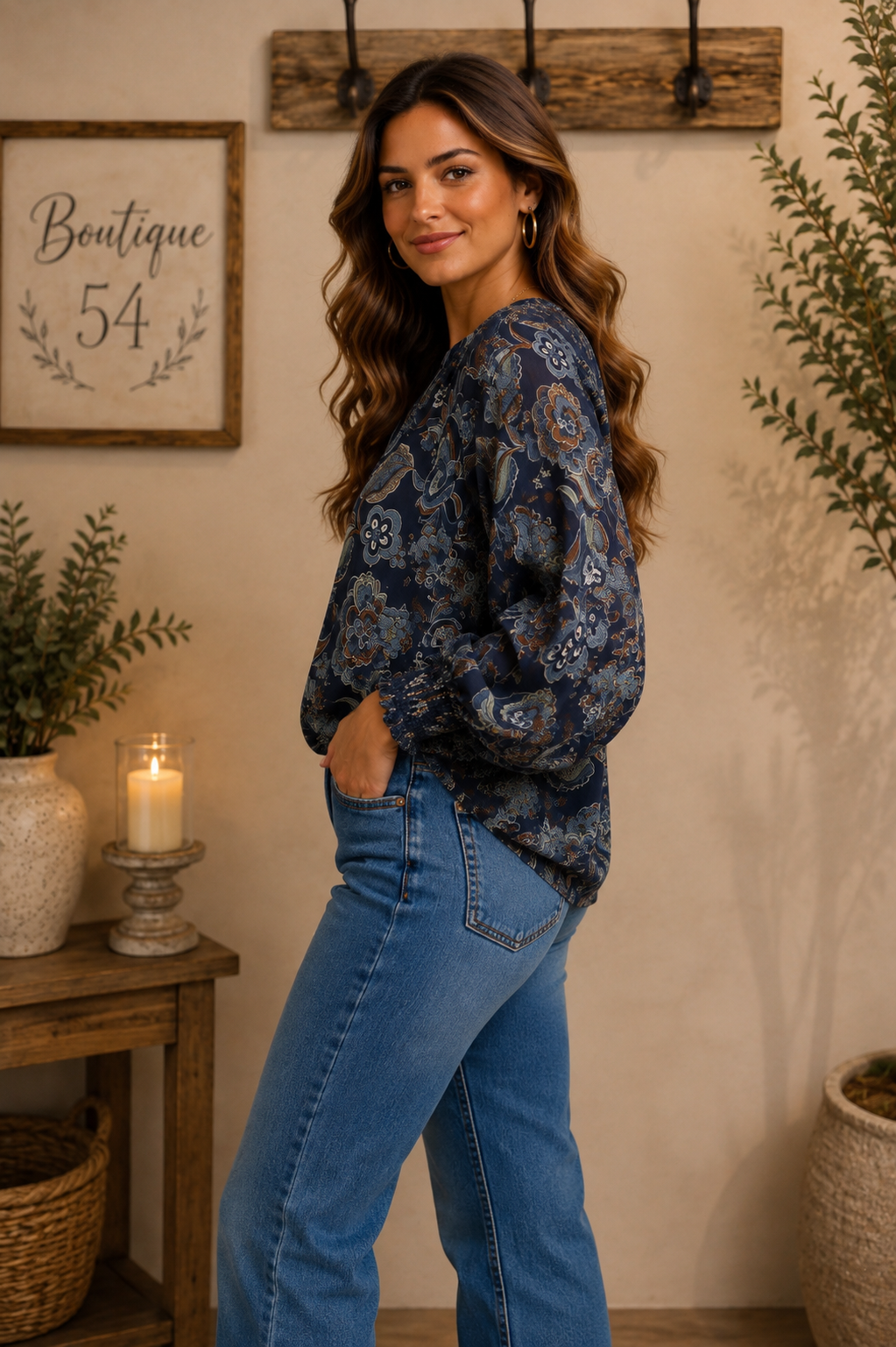 Brooklyn Split Neck Boho Blouse Navy