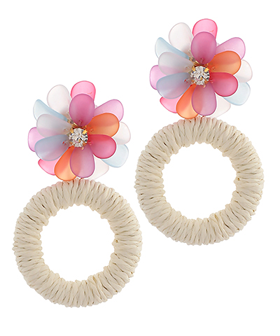 Flower & Raffia Circle Drop Earrings Ivory