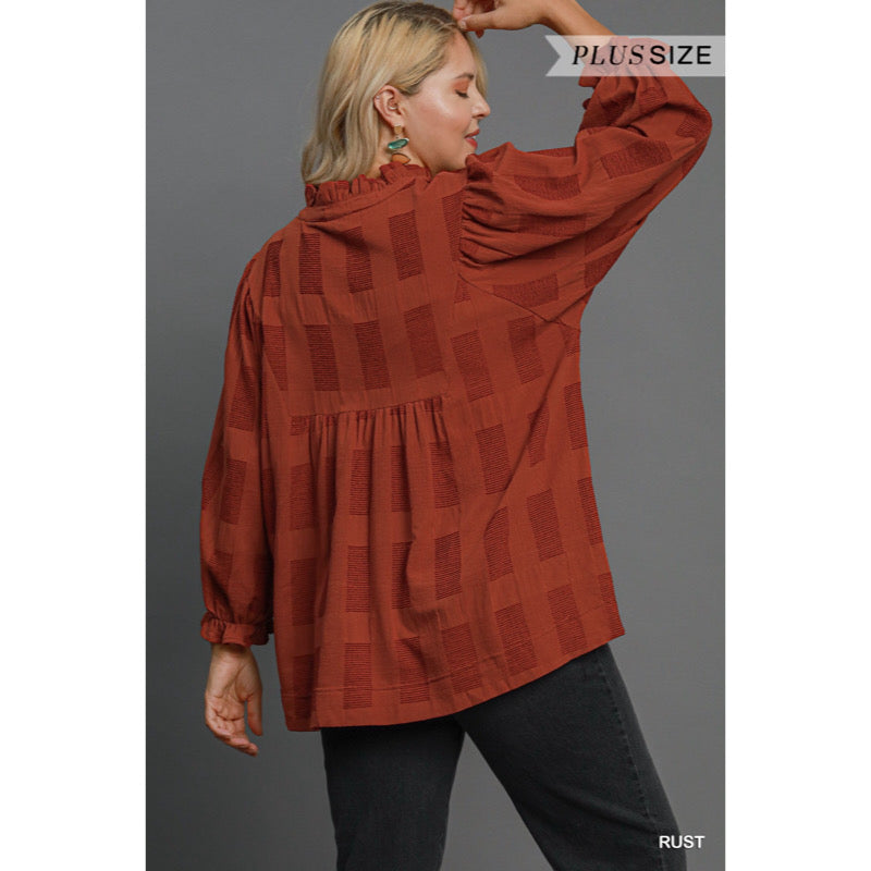 Jasmine Jacquard Ruffle V Neck Top Rust