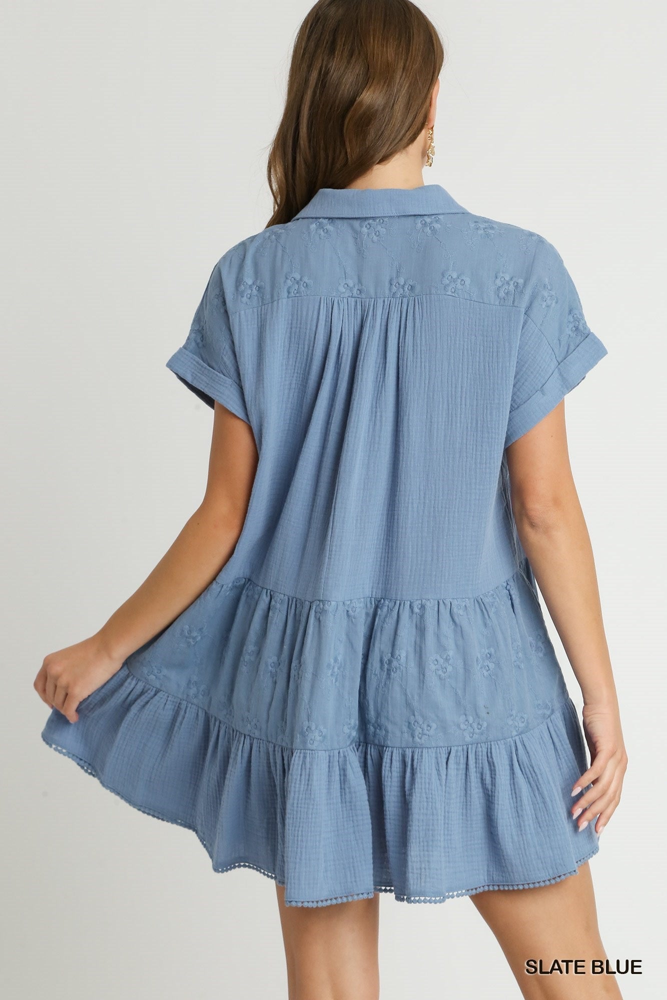 Lainey Eyelet Lace Tiered Dress-Slate Blue : Small