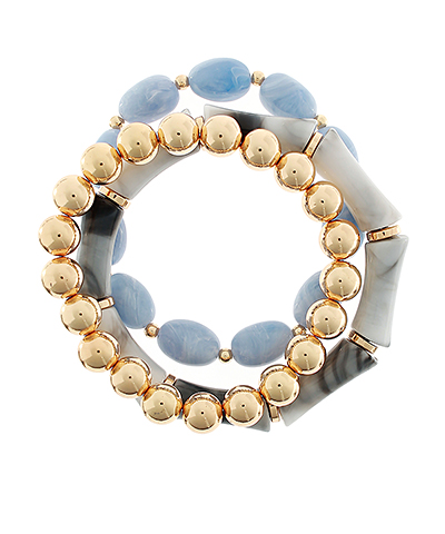 3 Row Marble & Bamboo CCB Ball Bracelet Blue