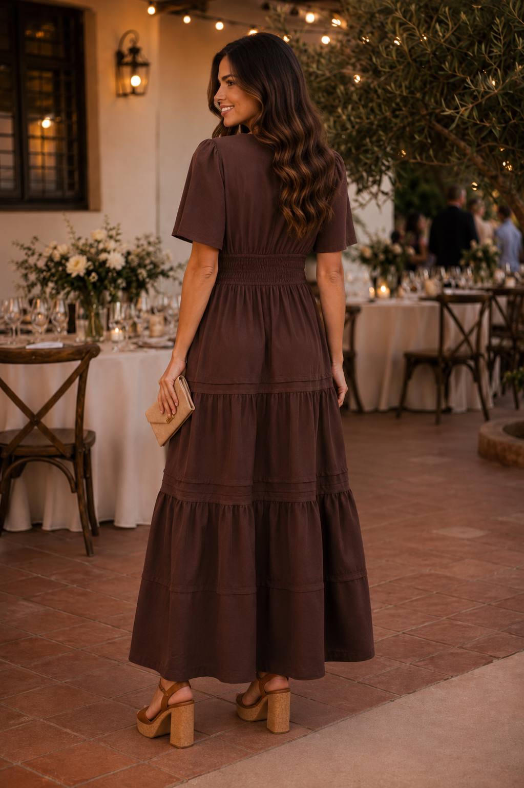 Hadley Half Sleeve Tiered Maxi Dress Dark Brown