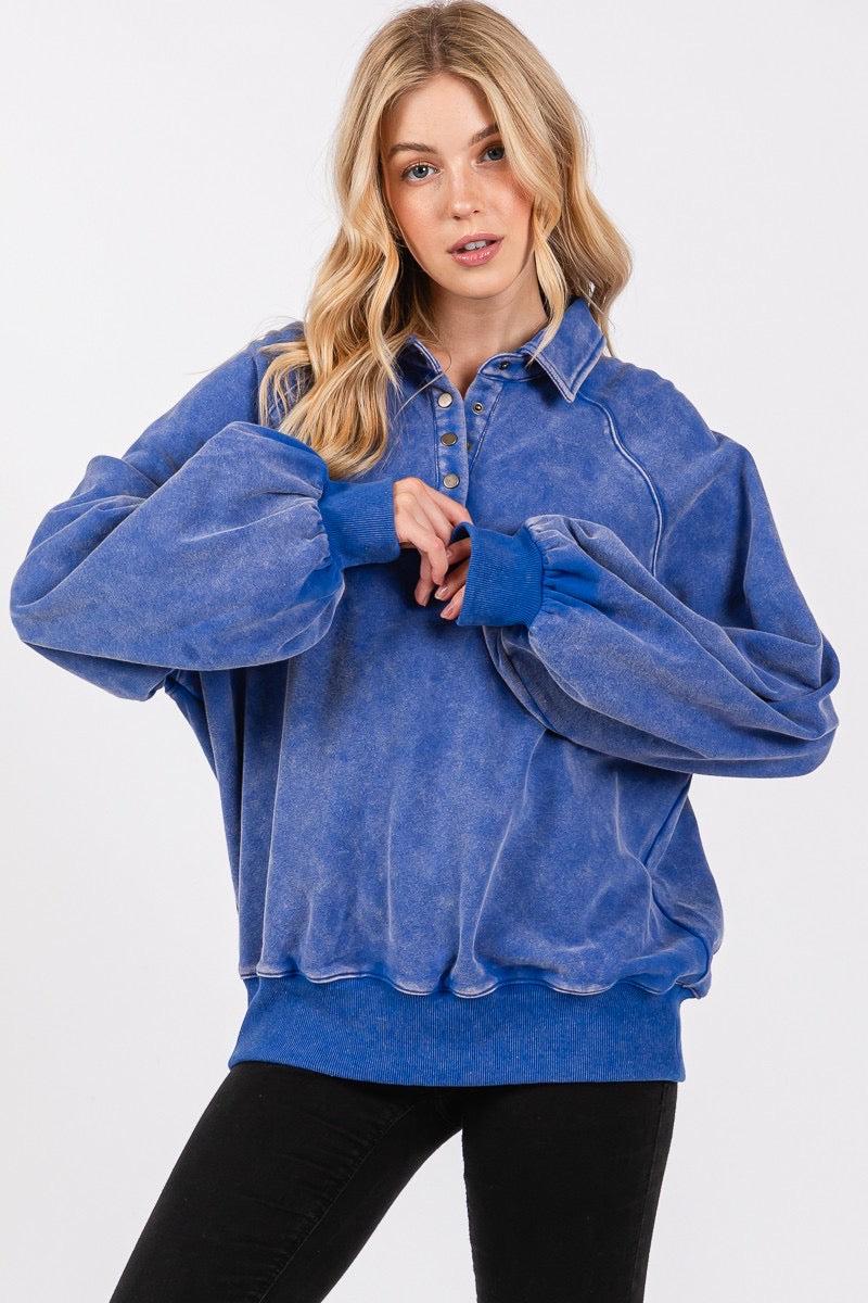 Maya Snap Collar Mineral Washed Sweatshirt Royal Blue