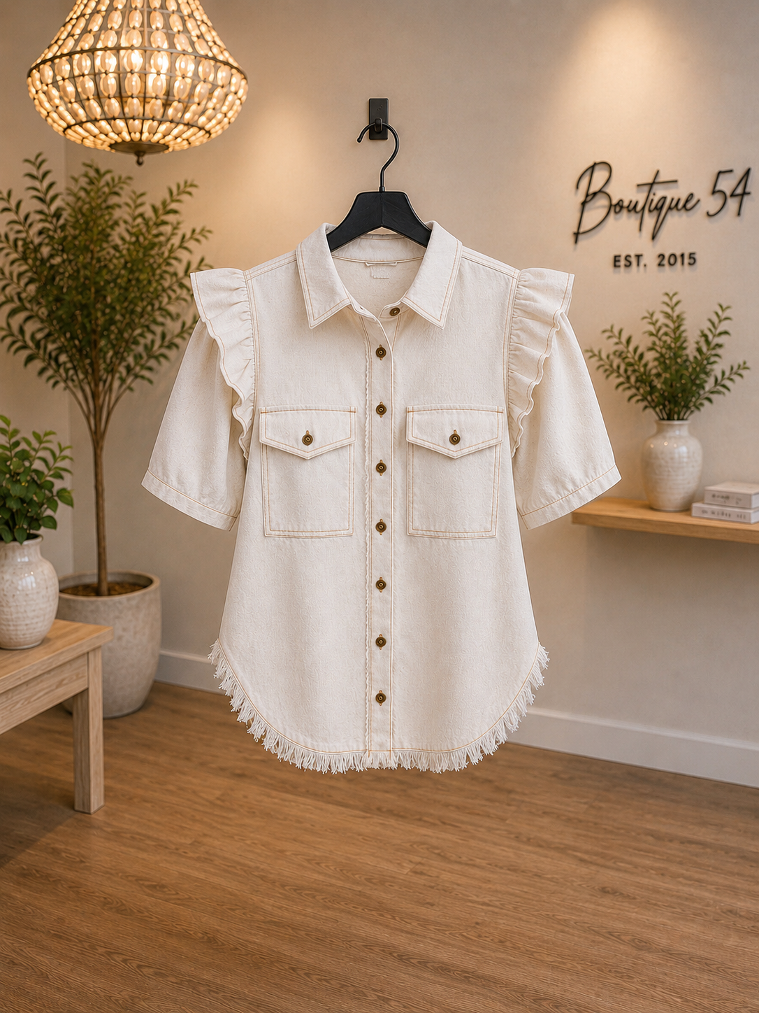 Raylee Ruffled Sleeve Linen Button Up Top Oatmeal