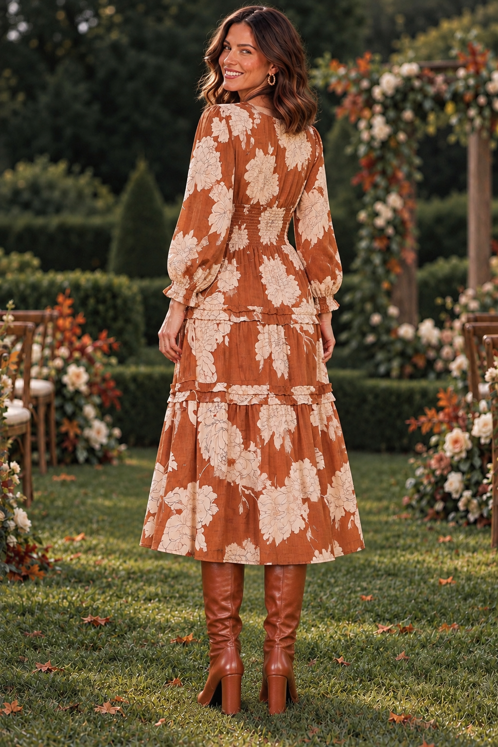 Palmer 3/4 Sleeve Floral Tiered Midi Dress Caramel