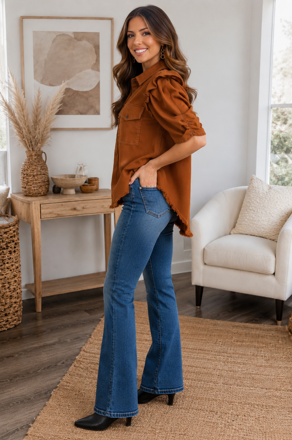 Raylee Ruffled Sleeve Linen Button Up Top Copper