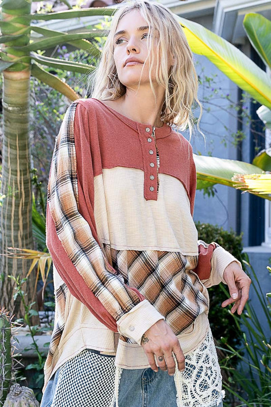 Emerson Plaid Henley Top Pumpkin