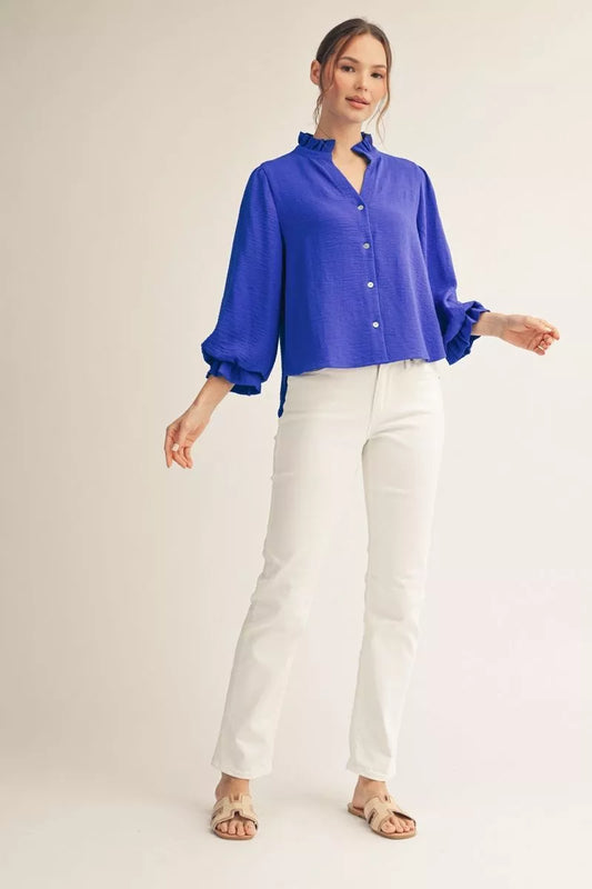 Renee 3/4 Sleeve Button Down Top royal Blue