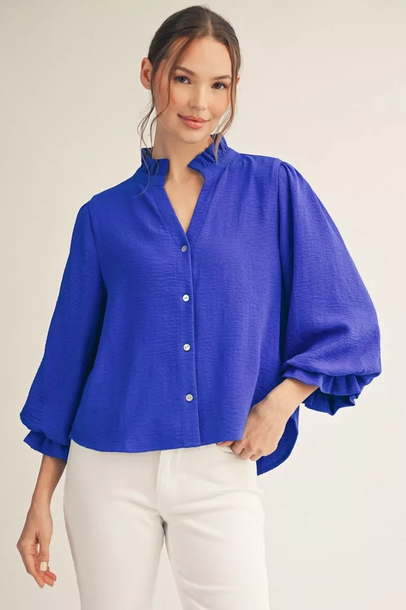 Renee 3/4 Sleeve Button Down Top Royal Blue