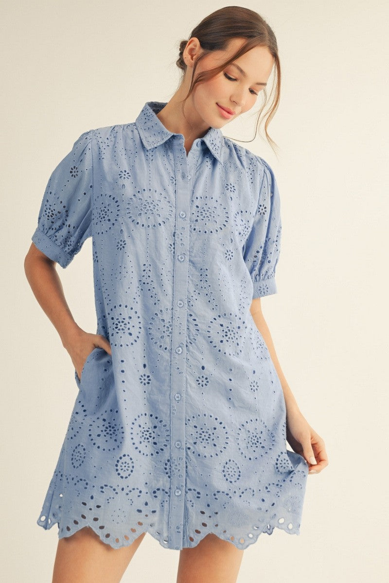 Beth Button Down Eyelet Lace Dress Sky Blue