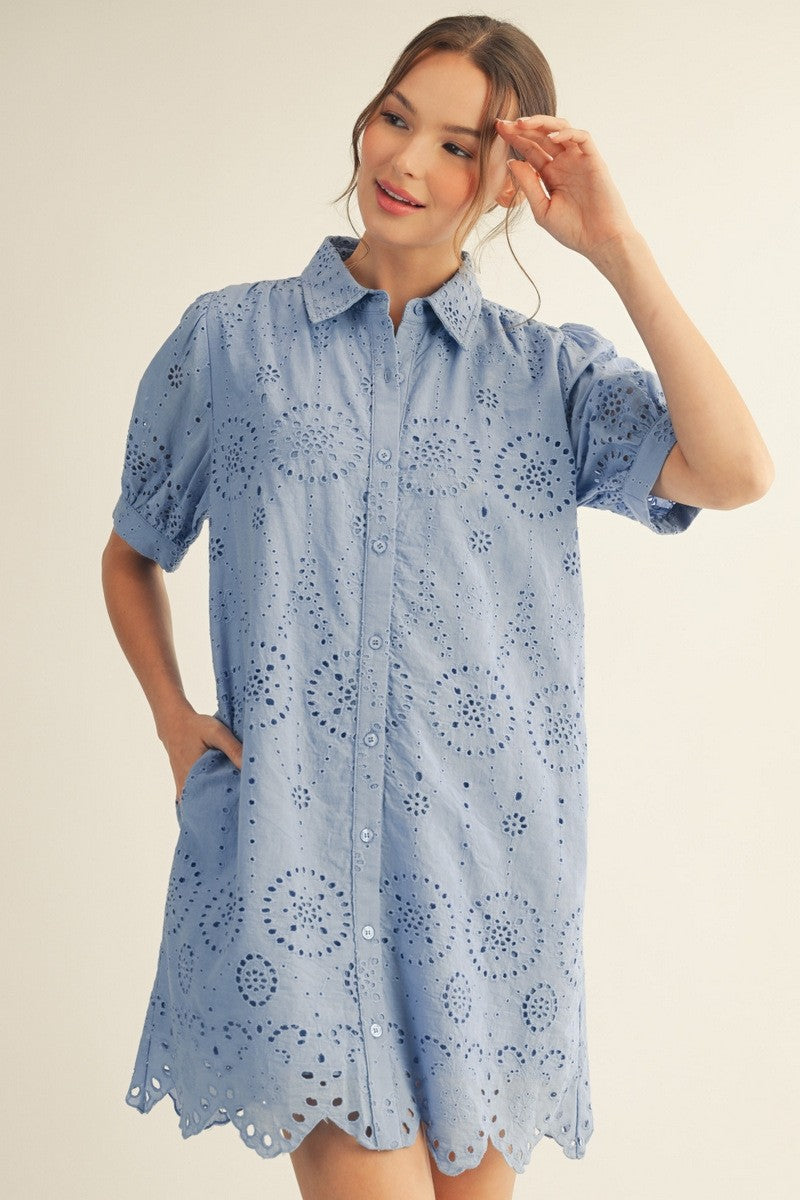 Beth Button Down Eyelet Lace Dress Sky Blue