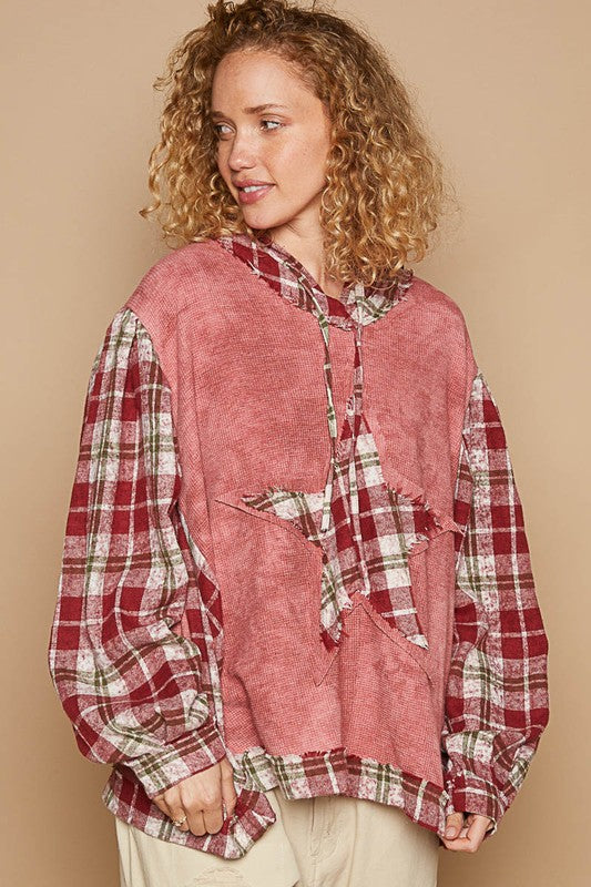 River Plaid Star Pullover Hoody Red Bean