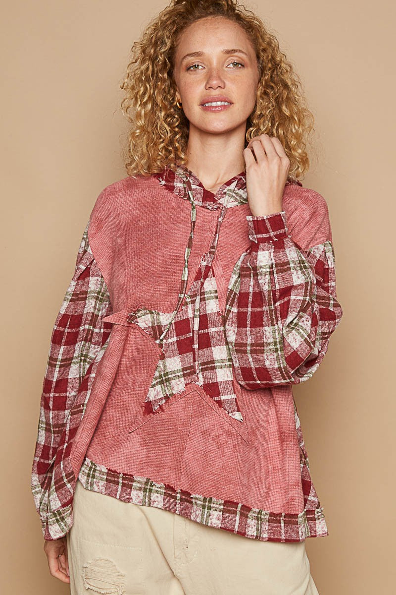 River Plaid Star Pullover Hoody Red Bean