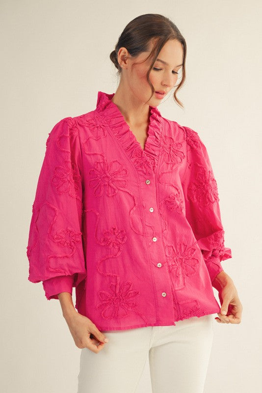 Bobbi Button Down 3d Floral Top Bubble Gum