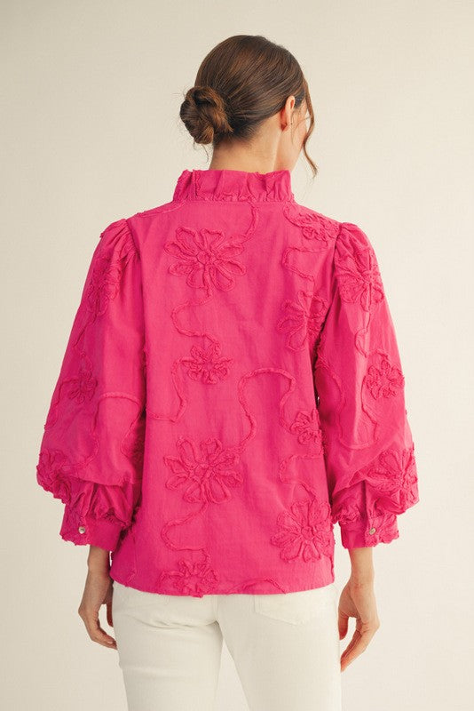 Bobbi Button Down 3d Floral Top Bubble Gum