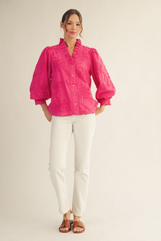 Bobbi Button Down 3d Floral Top Bubble Gum