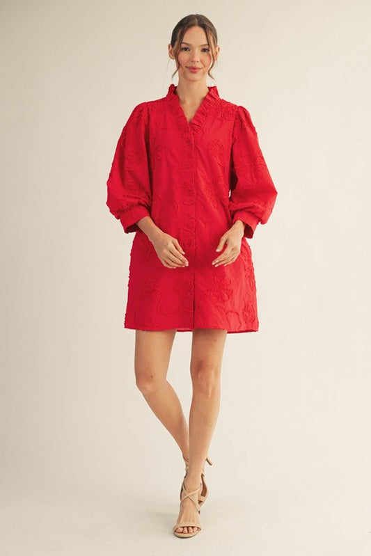 Betty Button Down 3 D Floral Dress Red