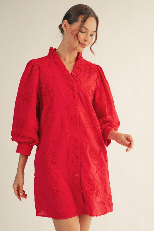 Betty Button Down 3 D Floral Dress Red