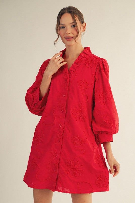 Betty Button Down 3 D Floral Dress Red