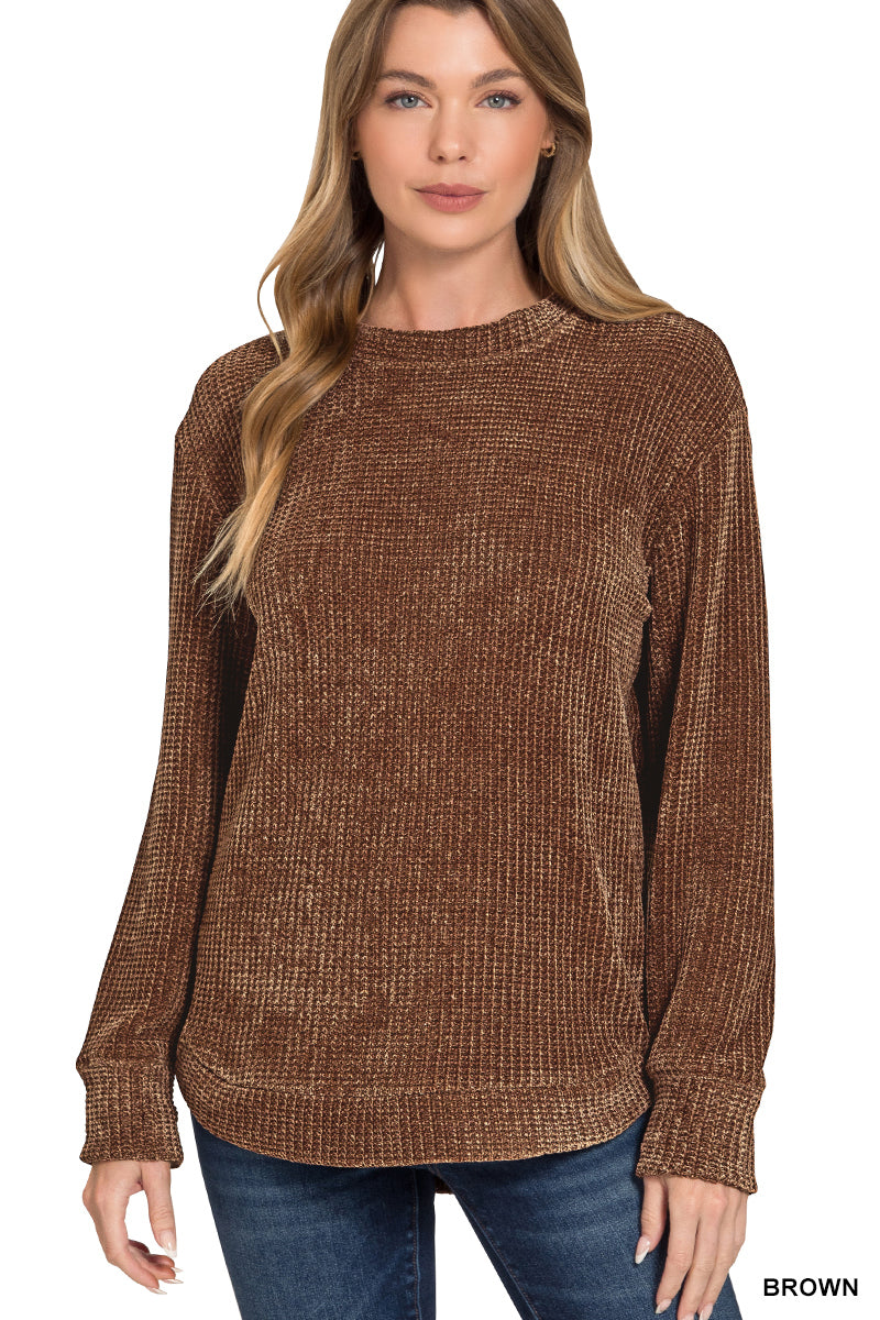 Claudia Chenille Waffle Round Neck Brown