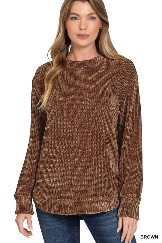 Claudia Chenille Waffle Round Neck Brown