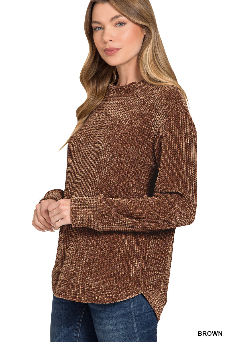 Claudia Chenille Waffle Round Neck Brown