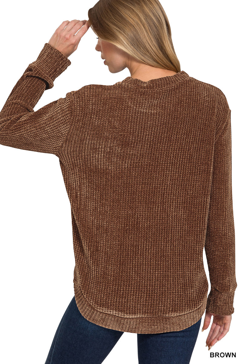 Claudia Chenille Waffle Round Neck Brown
