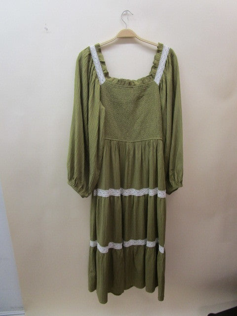 Lydia Lace Trim Smocked Midi Dress Olive