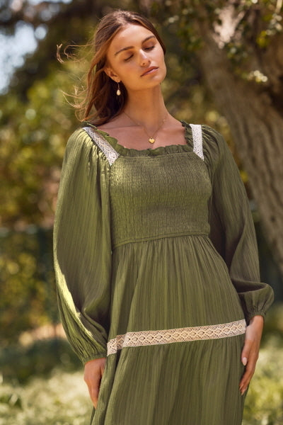 Lydia Lace Trim Smocked Midi Dress Olive