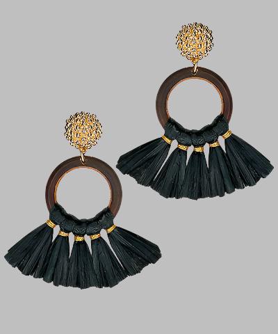 Raffia & Wood Circle Dangle Earring