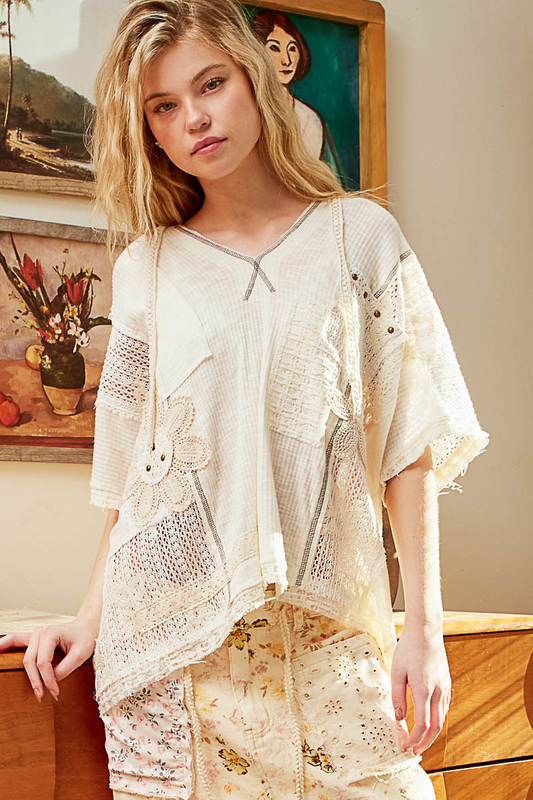 Farrah Floral Lace V-Neck Hoodie Top Natural